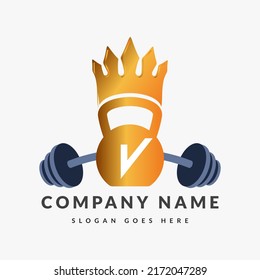 Fitness Logo On Letter V Template. Fitness Crown On V Letter, Initial Fitness Sign Concept, Crown logo design