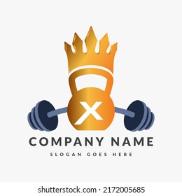 Fitness Logo On Letter X Template. Fitness Crown On X Letter, Initial Fitness Sign Concept, Crown logo design