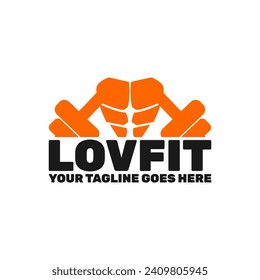 fitness logo template, six pack in shape of heart and barbell icon