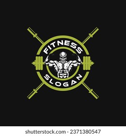 fitness logo template with skull and dumbbells vector illustration