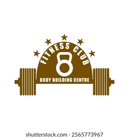 fitness logo vector illustration with barbell, dumbbell with stars icon in brown. isolated on white background
