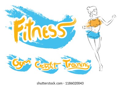 The Fitness logos and letterings. The fitness girl. Gym theme. A girl illustration