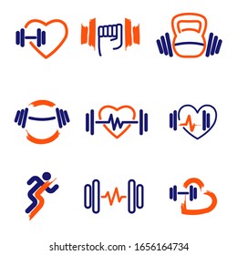 Fitness logos, set, vector. Sport, gymnastics workout bodybuilding signs symbols pictograms