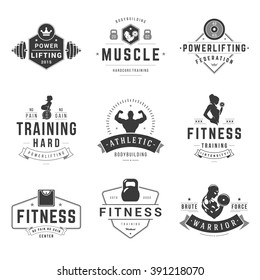 Fitness Logos Templates Set. Vector object and Icons for Sport Labels, Gym Badges Woman and Man Silhouettes, Barbell and Weight Symbols.