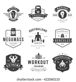 Fitness Logos Templates Set. Vector object and Icons for Sport Labels, Gym Badges, Emblems Graphics. 