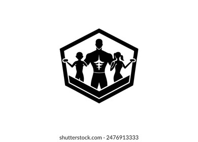 fitness logotype with sportsman winner and silhouette of lovely family illustration