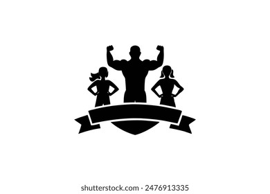 fitness logotype with sportsman winner and silhouette of lovely family illustration