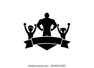 fitness logotype with sportsman winner and silhouette of lovely family illustration