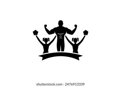 fitness logotype with sportsman winner and silhouette of lovely family illustration