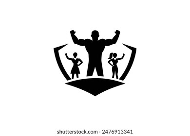 fitness logotype with sportsman winner and silhouette of lovely family illustration