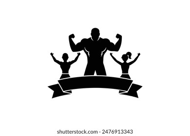 fitness logotype with sportsman winner and silhouette of lovely family illustration