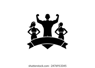 fitness logotype with sportsman winner and silhouette of lovely family illustration