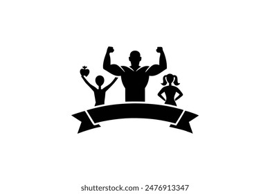 fitness logotype with sportsman winner and silhouette of lovely family illustration