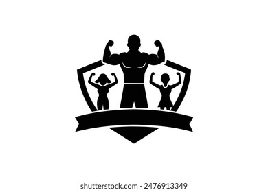 fitness logotype with sportsman winner and silhouette of lovely family illustration