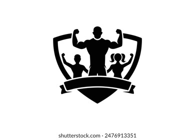 fitness logotype with sportsman winner and silhouette of lovely family illustration