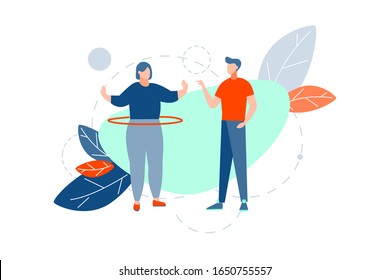 Fitness, loss of weight, workout concept. Fat thick woman is doing sport activity, spinning hoop at gym. Young strong man, boy coach is helping obese girl to lose her weight. Simple flat vector