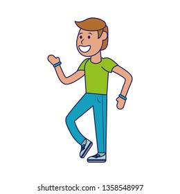 Fitness man dancing cartoon blue lines