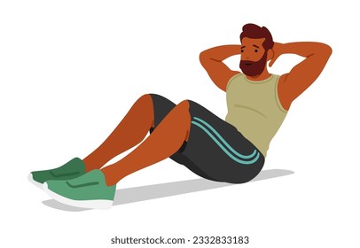 Fitness Man Doing Exercise That Targets The Abdominal Muscles, Involving Lying On The Ground And Pressing The Belly Towards The Floor For Strengthening And Toning. Cartoon People Vector Illustration