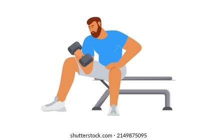 Fitness man doing workout with dumbbell at gym. Vector illustration in flat style, isolated on white background