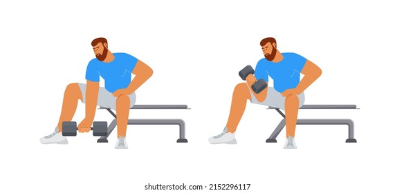 Fitness man doing workout with dumbbell at gym. Vector illustration in flat style, isolated on white background