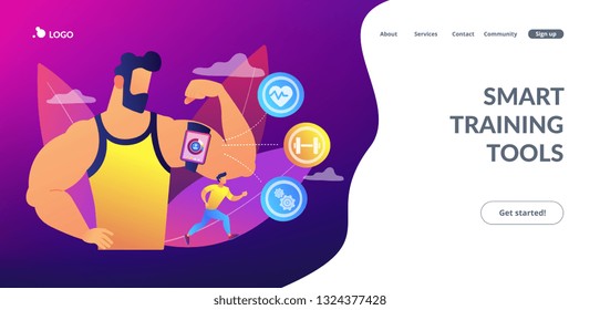 Fitness man doing workout with smart digital gadget for keeping fit exercises. Smart training, smart training tools, new gym technology concept. Website vibrant violet landing web page template.