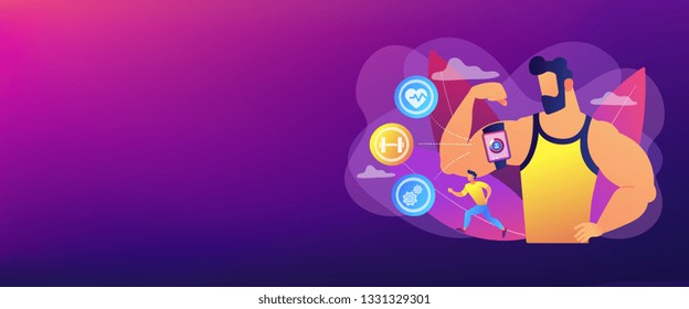 Un hombre de fitness haciendo ejercicio con un gadget digital inteligente para mantener ejercicios de ajuste. Formación inteligente, herramientas de entrenamiento inteligentes, nuevo concepto de tecnología de gimnasio. Plantilla de banner de encabezado o pie de página con espacio de copia.