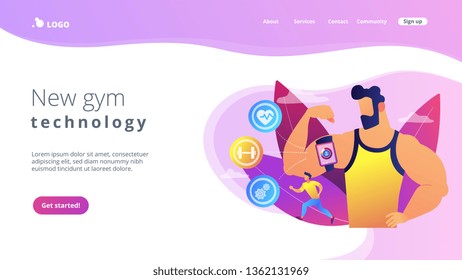 Fitness man doing workout with smart digital gadget for keeping fit exercises. Smart training, smart training tools, new gym technology concept. Website vibrant violet landing web page template.