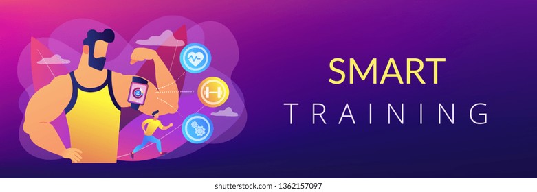 Fitness man doing workout with smart digital gadget for keeping fit exercises. Smart training, smart training tools, new gym technology concept. Header or footer banner template with copy space.