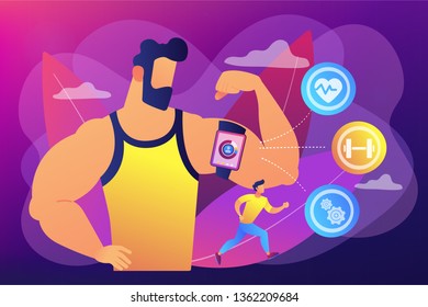 Fitness man doing workout with smart digital gadget for keeping fit exercises. Smart training, smart training tools, new gym technology concept. Bright vibrant violet vector isolated illustration