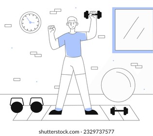 Un hombre en forma con el concepto de línea de campanas. Un chico joven con equipo deportivo fortalece sus músculos. Ejercicio y estilo de vida activo. Construcción de cuerpos y entrenamiento. Ilustración lineal vectorial