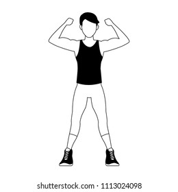 Fitness man flexing arms in black and white
