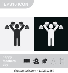 Fitness man holding dumbbells flat black and white vector icon.
