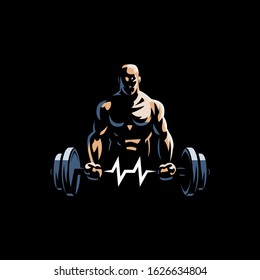 Fitness man holds barbell in his hands and trains biceps. Vulture barbell in the form of heart rate. Vector illustration.