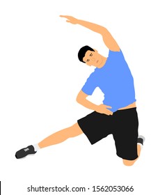Fitness man instructor exercise on training in gym vector. Losing weight, bodybuilder. Personal trainer workout. Fit sport boy. Handsome sportsman stretching and worming up. Male athlete skill.