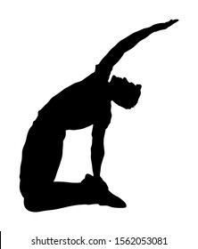 Fitness man instructor exercise on training in gym vector silhouette. Losing weight, bodybuilder. Personal trainer workout. Fit sport boy. Handsome sportsman stretching worming up. Male athlete skill.