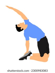 Fitness man instructor exercise training in gym vector illustration. Losing weight bodybuilder. Personal trainer workout. Fit sport boy. Handsome sportsman stretching worming up. Male athlete skill.
