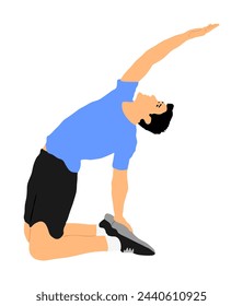 Fitness man instructor exercise training in gym vector illustration. Losing weight bodybuilder. Personal trainer workout. Fit sport boy. Handsome sportsman stretching worming up. Male athlete skill.