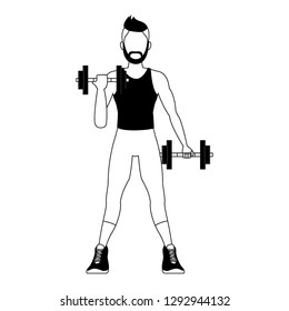 Fitness man lifting weights in black and white
