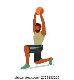 Fitness Man Lunges With Ball Engaging His Lower Body Muscles For Strength And Balance. The Added Resistance Challenges His Workout, Improving Overall Fitness And Stability. Cartoon Vector Illustration