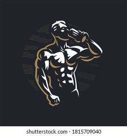 Fitness man with muscles with a sports bottle, drinks. Vector illustration.