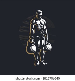 Fitness man with muscles trains with large kettlebell. Vector illustration.
