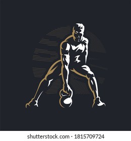 Fitness man with muscles trains with large kettlebell. Vector illustration.
