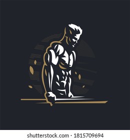 Fitness man with muscles trains on uneven bars. Vector illustration.