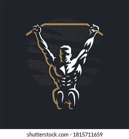Fitness man with muscles trains. Pulls up on the horizontal bar. Vector illustration.