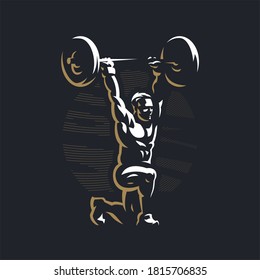 Fitness man with muscles trains. Raises the barbell. Barbell. Vector illustration.