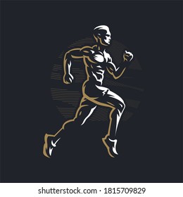 Fitness man with muscles trains. Runner. Run. Vector illustration.