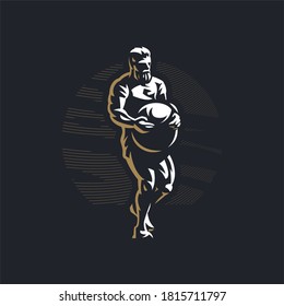 Fitness man with muscles trains. Stone ball. Atlas stone. Vector illustration.