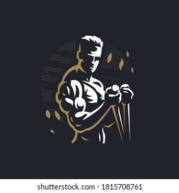 Fitness man with muscles trains. Vector illustration.