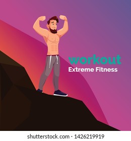 Fitness man on hill mountain sunset gradient Background 