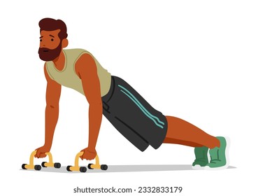 Fitness Man Performing Push-ups On Floor Bars, Character Showcasing Strength And Control While Engaging Upper Body Muscles For A Challenging And Effective Exercise. Cartoon People Vector Illustration